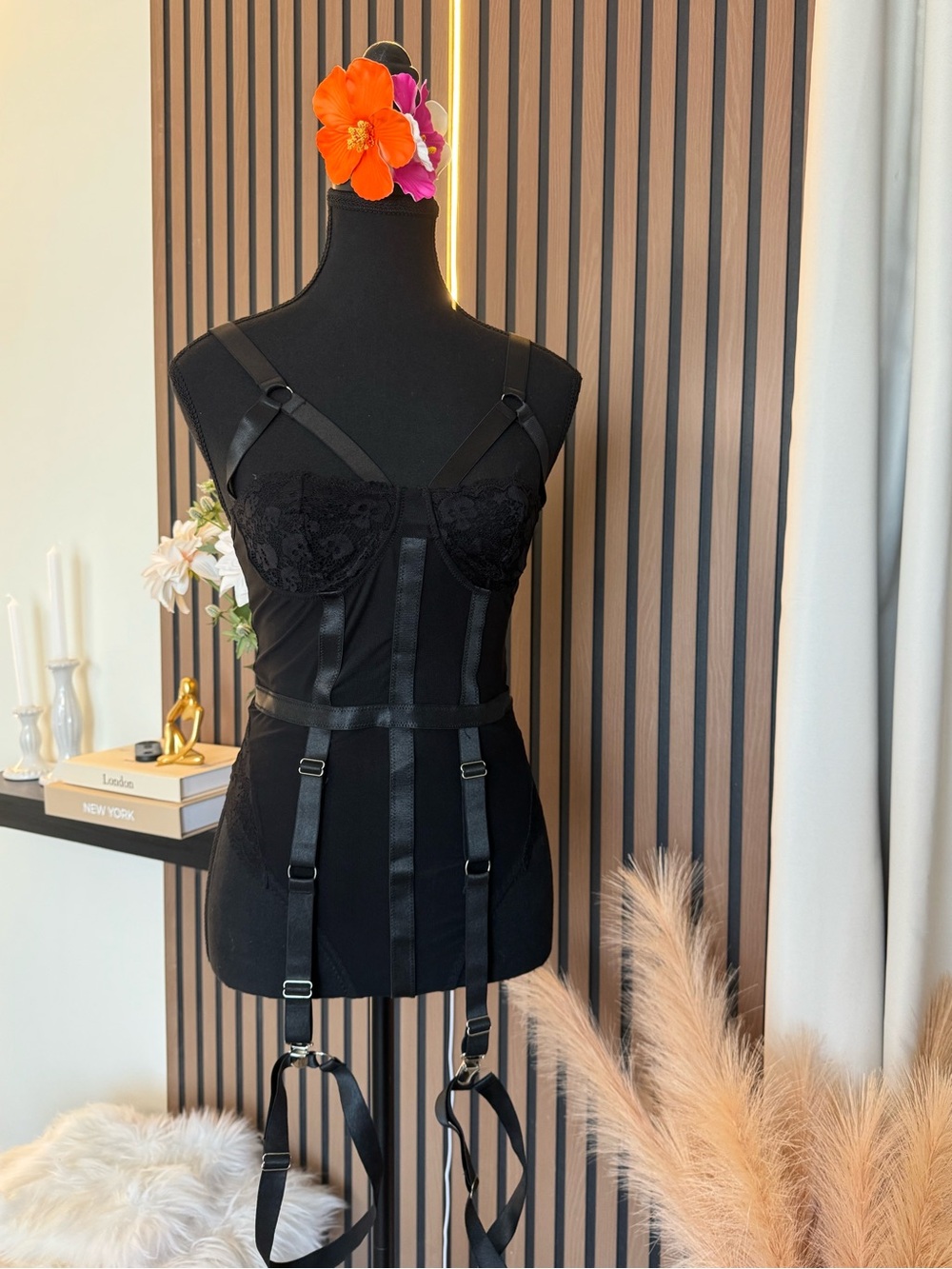Black Lace Underwire Garment with Garter Straps